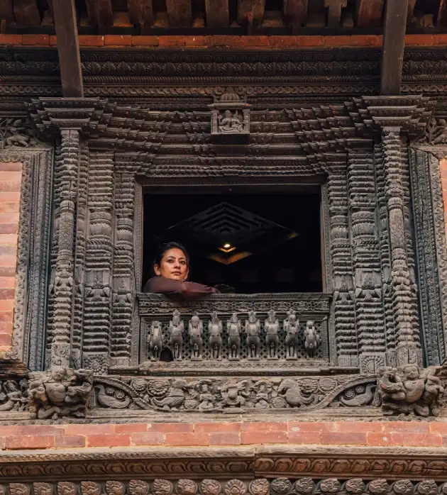 Traditional Newari wood carvings and architecture at Bhaktapur Heritage site, Nepal