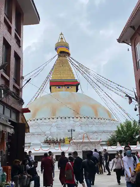 Bouddhanath Stupa in Kathmandu surrounded by prayer flags and devotees, Nepal