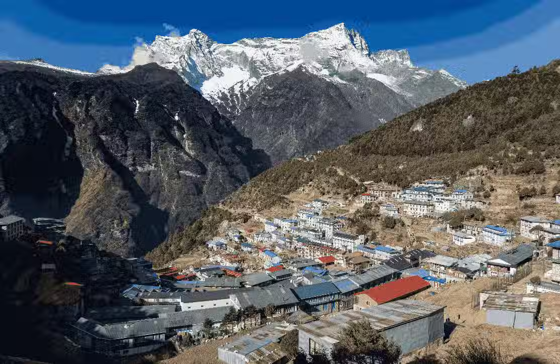 Namche Bazaar — the Sherpa capital — nestled in the mountains on the Everest trek route