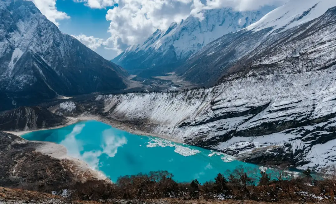 Panoramic glacier valley view in Langtang with snow-capped peaks and alpine meadows