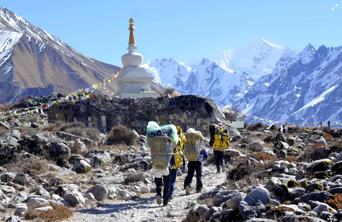 Langtang Valley trek with panoramic views of snow-capped Himalayan peaks and lush green valleys, Nepal