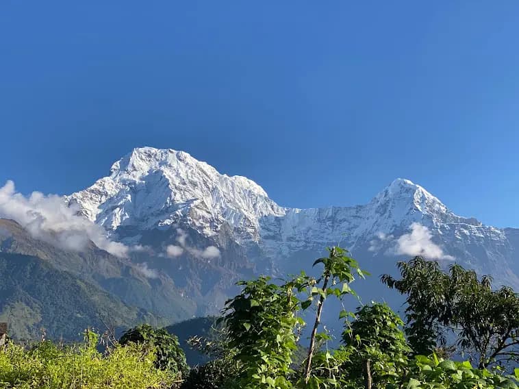 Snow-capped Annapurna Himal range viewed from a mountain trail in Nepal