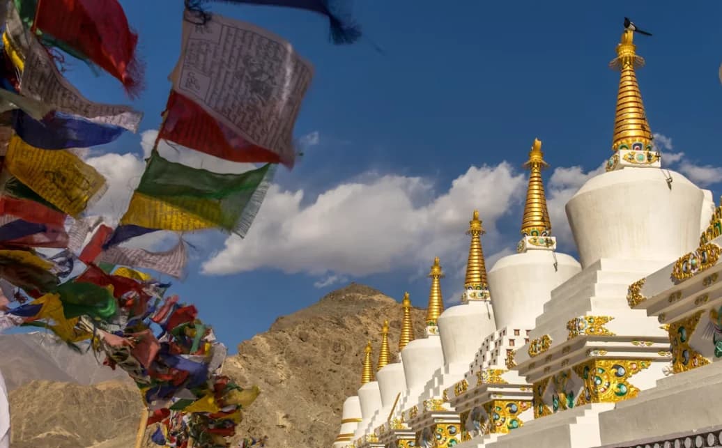 Tibetan Buddhist culture in Manaslu region with traditional monasteries and prayer flags